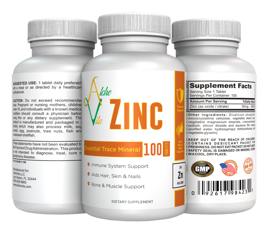 Zinc 50mg - Essential Trace Mineral (100 tablets) - AlcheVita